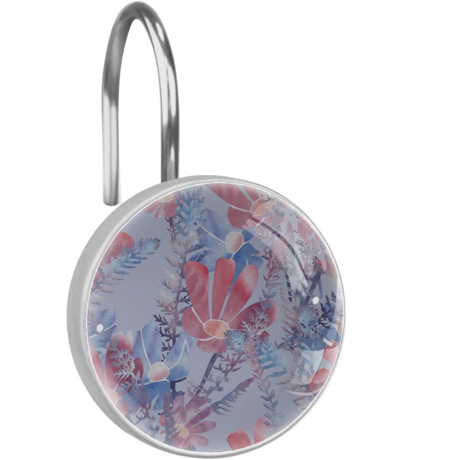 Blue and Pink Floral Shower Curtain Hooks（Set of 12）for Home Hotel