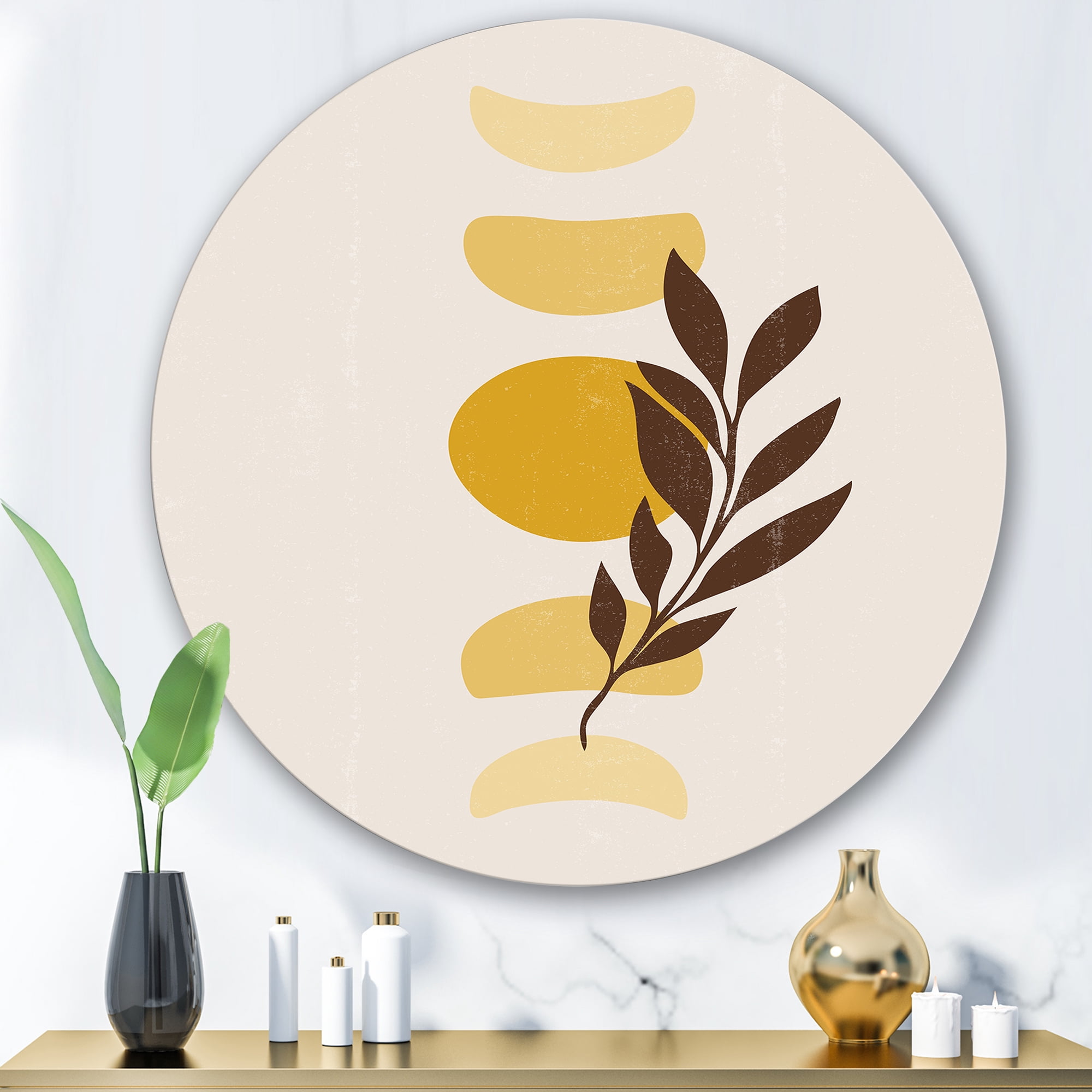 Designart 'Abstract Geometrical Moon and Sun With Leaf VII' Modern Circle Metal Wall Art 29x29 - Disc of 29
