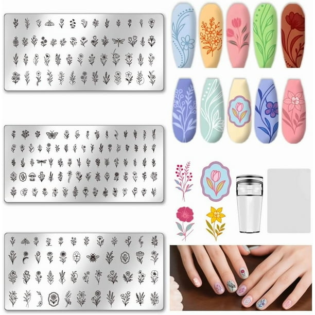 Set de 3 placas para estampar uñas con diseño de flores y hojas. Incluye plantilla para estampar uñas y raspador.