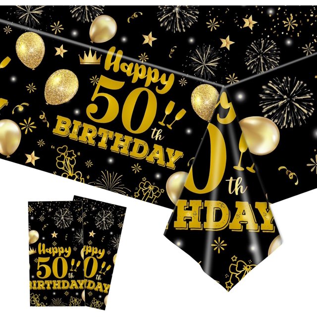 EVYIENEN 2 Pack 50th Birthday Tablecloth,Disposable Black Gold Plastic Waterproof Rectangular Table Covers for Christmas Party Decorations Men Women, 54 x 108 Inch