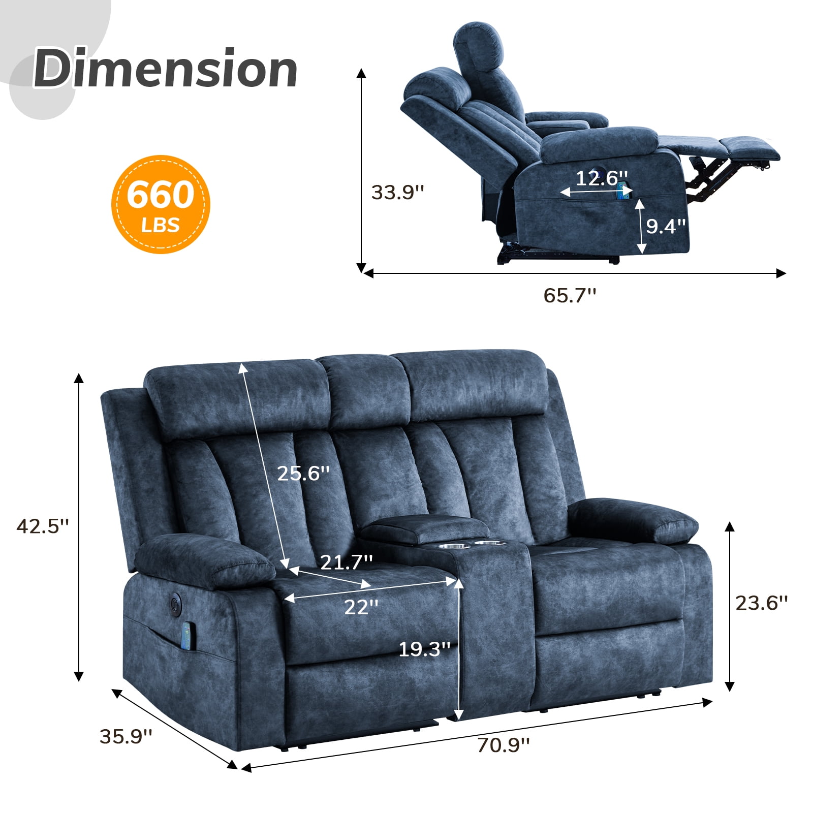 Power Recliner Loveseat Sofa with Console Storage, Heat & Massage, Reclining Sofa Couch with Cup Holders, USB & Type-C Ports, Dutch Velvet Recliner Couch for Living Room, RV,Office,Apartment