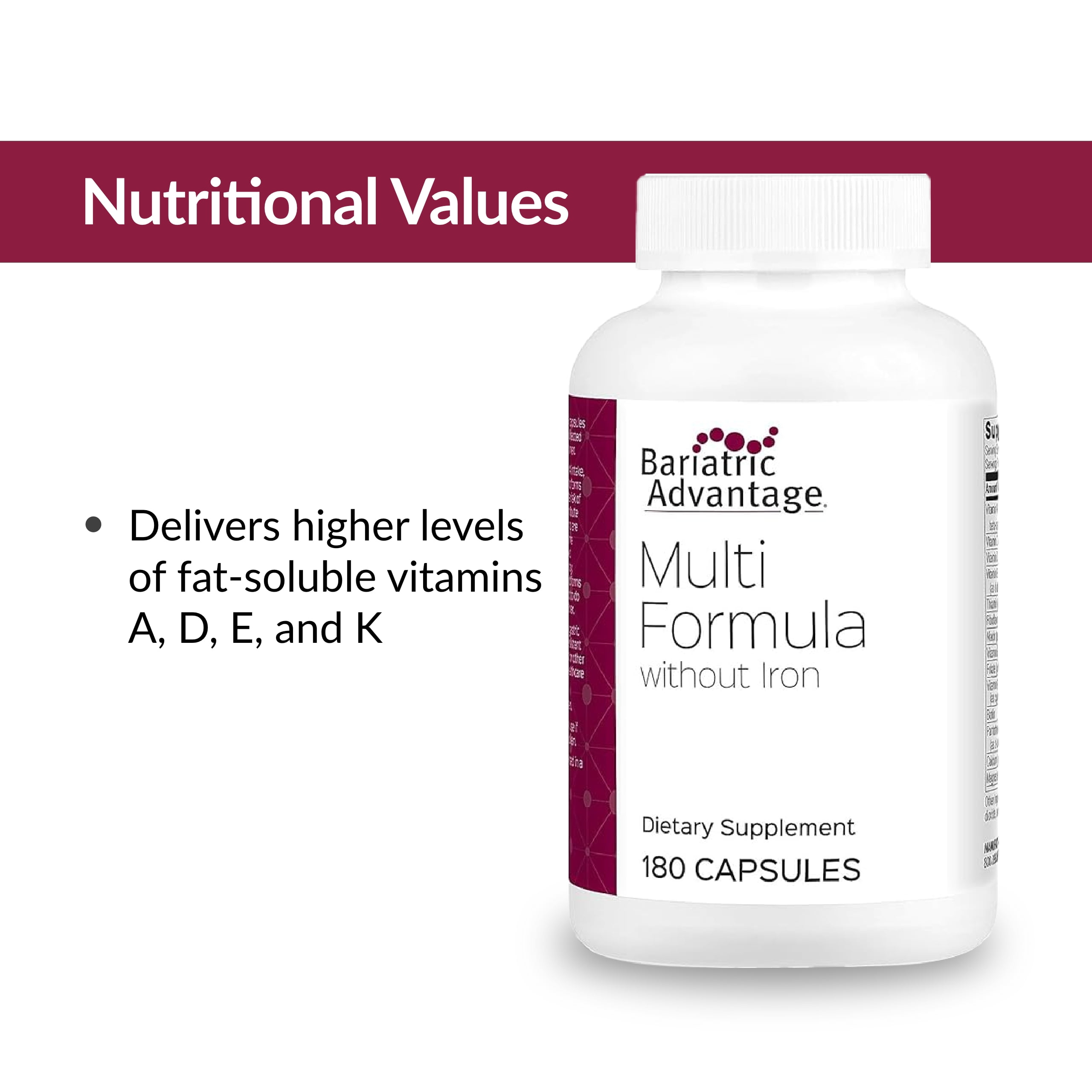Bariatric Advantage Multi Formula Without Iron, High Potency Daily Multivitamin for Bariatric Surgery Patients with 22 Essential Vitamins and Nutrients - 180 Capsules