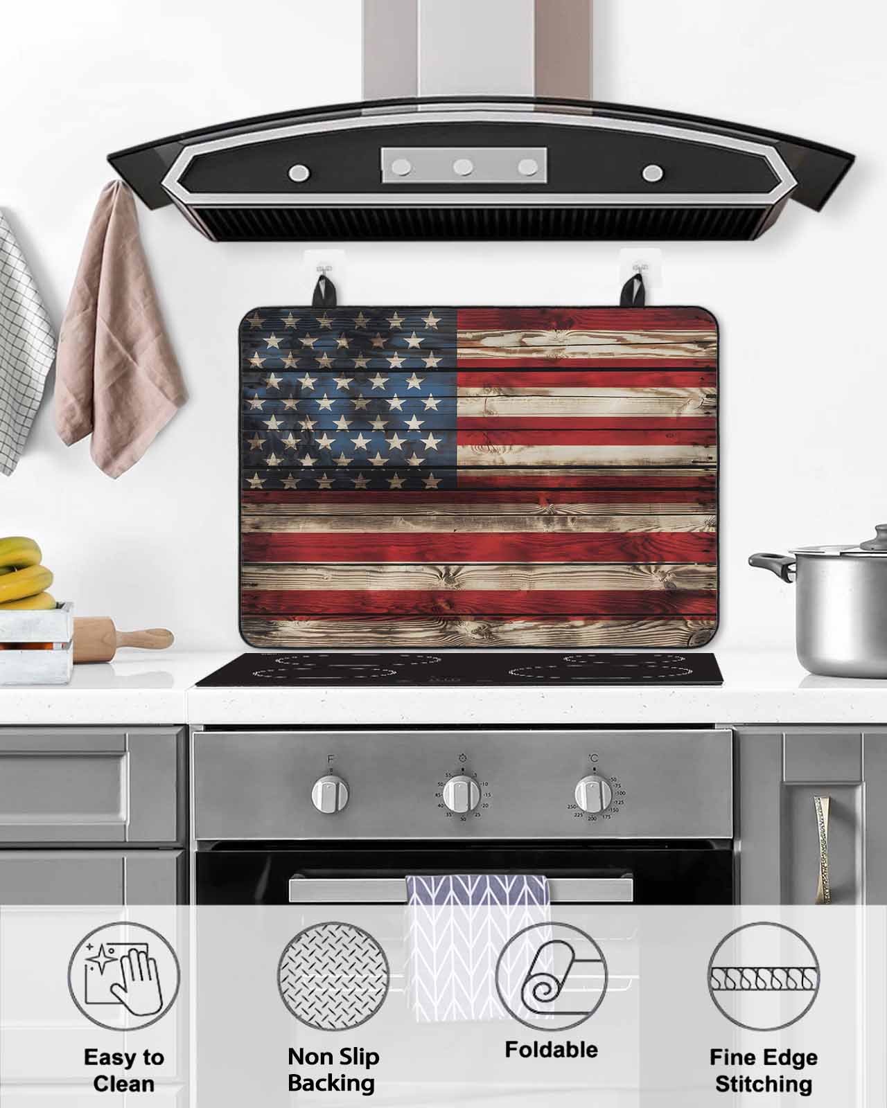 nqOlkjepod Large Induction Cooktop Protector Mat 24"x21", American Flag Stove Top Covers for Electric Stove, Stars And Stripes Vintage Wooden US Flag Stove Burner Cover Mats, Glass Top Stove Cover