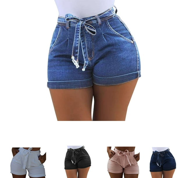 Women Denim Shorts Skinny Short Jeans High-waist Hot Pants Washed Elastic,  Black, XL 