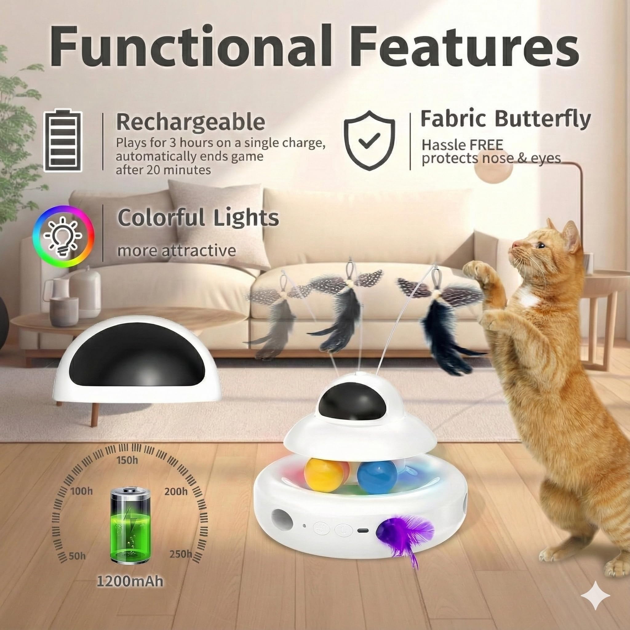 Cat Toys 4-in-1 Interactive For Indoor Cats With  Fluttering Butterfly Moving And Track Balls - Usb Rechargeable Self-play Kitten (white)