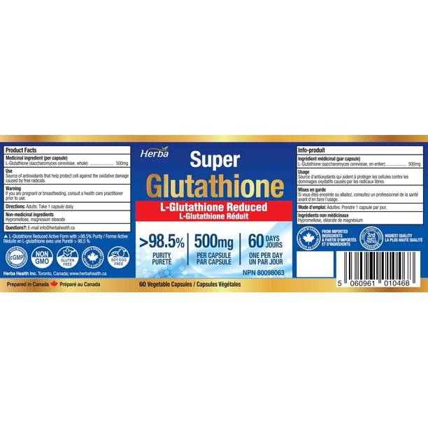 best glutathione in canada Herba Glutathione Supplement 500 mg - 60 Vegetable Capsules | L-Glutathione  Reduced Active Form | Made in Canada