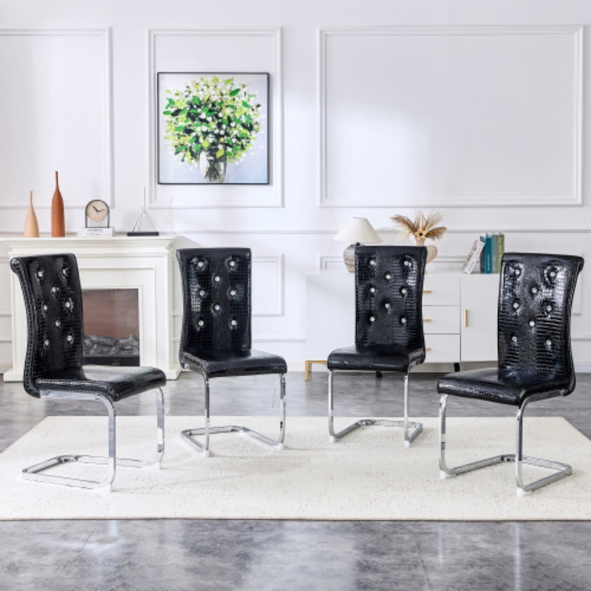 Set of 4 Retro Dining Chairs, Faux Alligator Leather Upholstered Chairs with Crystal Button Details & Electroplated Metal Legs, 400 LBS, Black & Silver