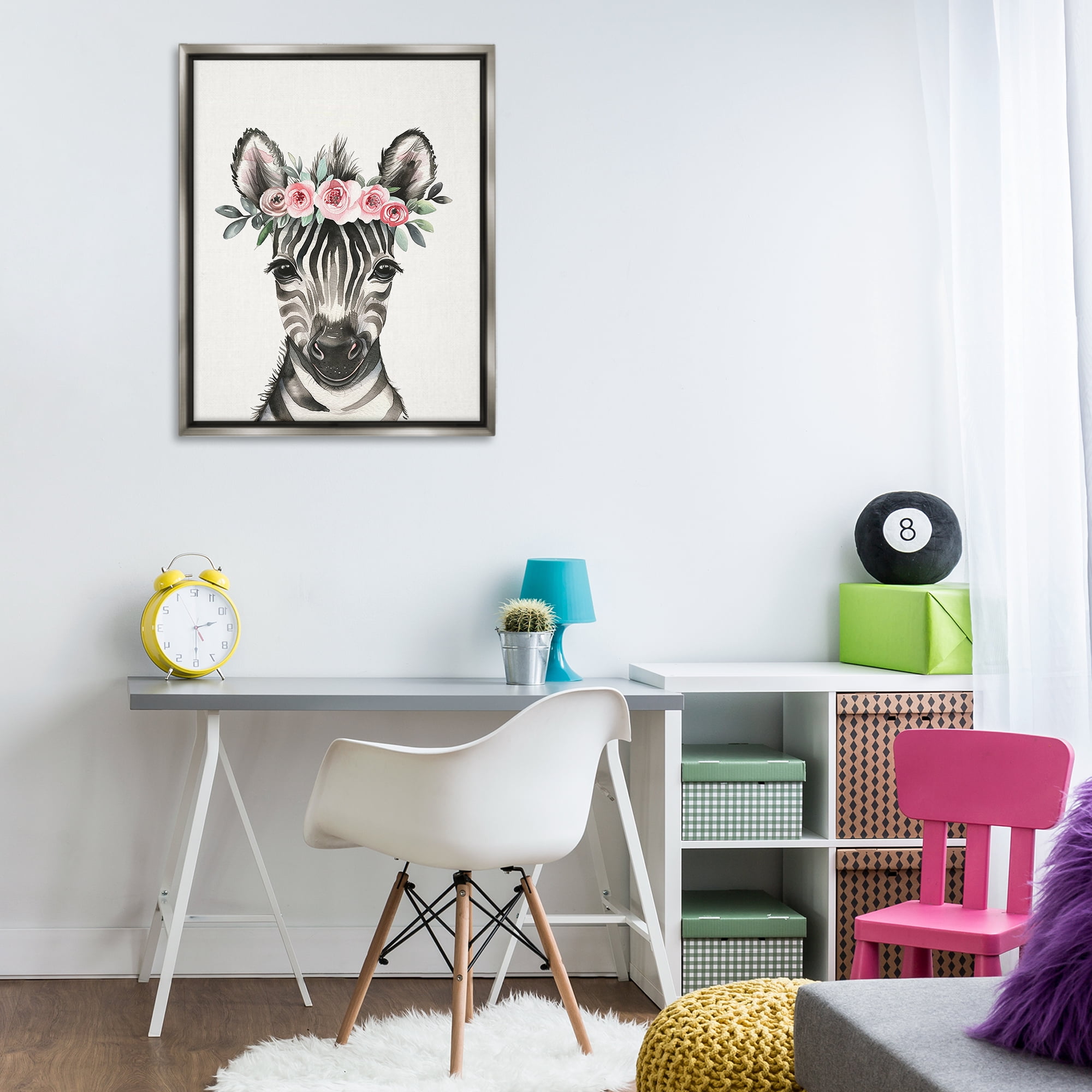 Stupell Industries Nursery Floral Zebra Animals Painting Gray Floater Framed Canvas Art Print Wall Art, 25 x 31
