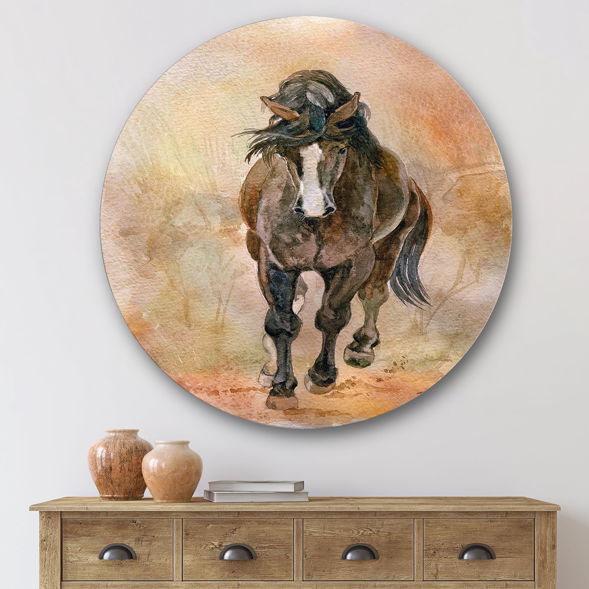 Designart 'Abstract Portrait Of Beautiful Chestnut Horse I' Farmhouse Circle Metal Wall Art 29x29 - Disc of 29