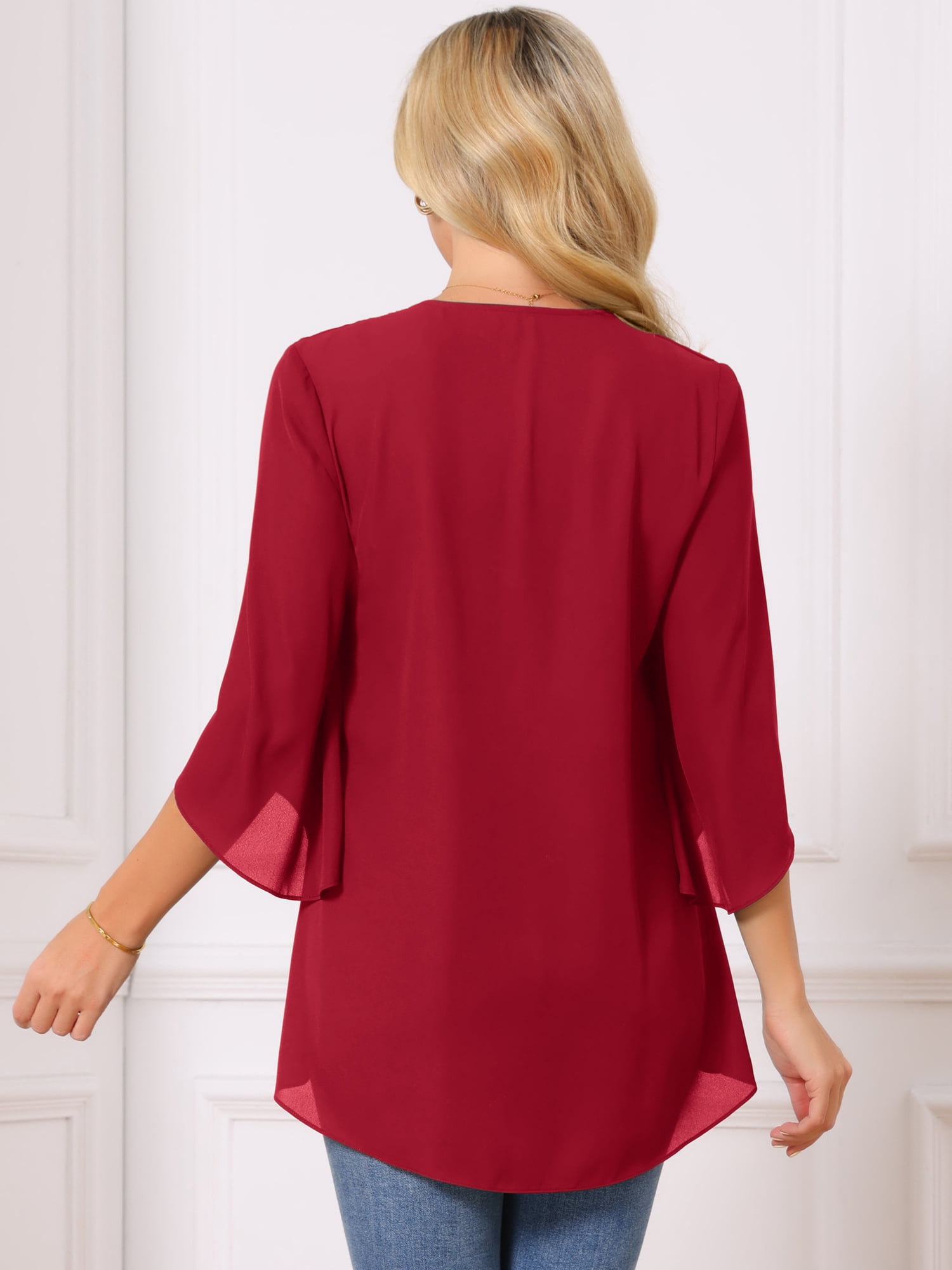 DARING DIVA Women's High Low Tops 3/4 Bell Sleeve V Neck Chiffon Blouse S Red