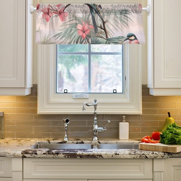 Birds Flowers and Leaves Curtain Valances Farmhouse Design Window Treatment Decor Blackout Rod Pocket for Windows Living Room Kitchen 54" x 18"