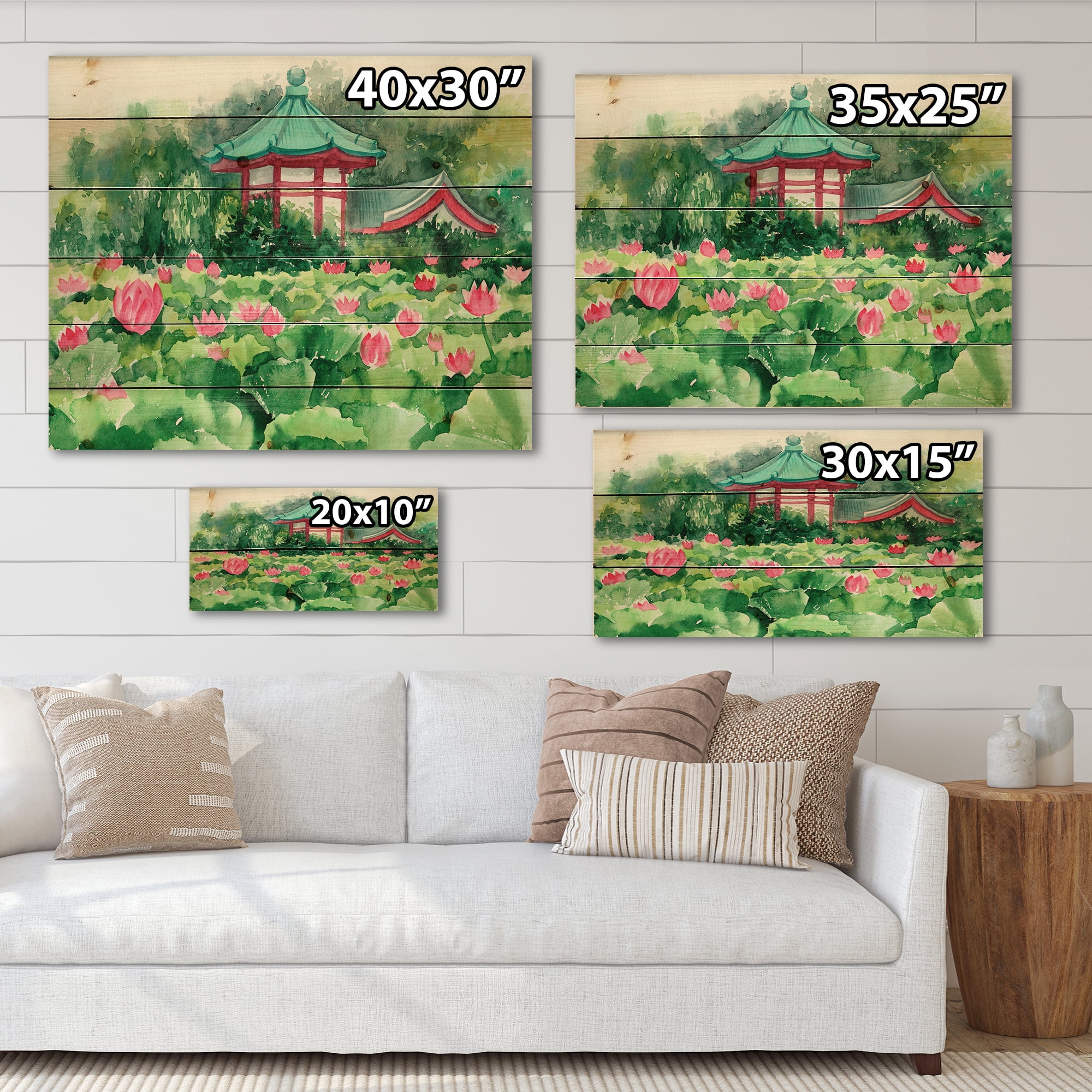 Designart 'Pagoda and Lotus Lake' Traditional Print on Natural Pine Wood
