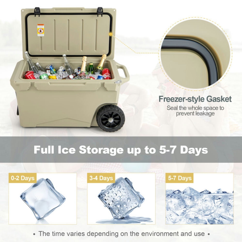 GVN Refrigerator Freezer, Fridge,75 Quart Portable Cooler Rotomolded Ice Chest with Handles and Wheels-Tan