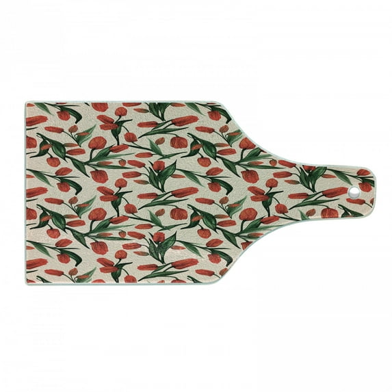 Colorful Cutting Board, Vermilion Colored Tulip Flowers and Leaves Illustration Art Print, Decorative Tempered Glass Cutting and Serving Board, in 3 Sizes, by Ambesonne