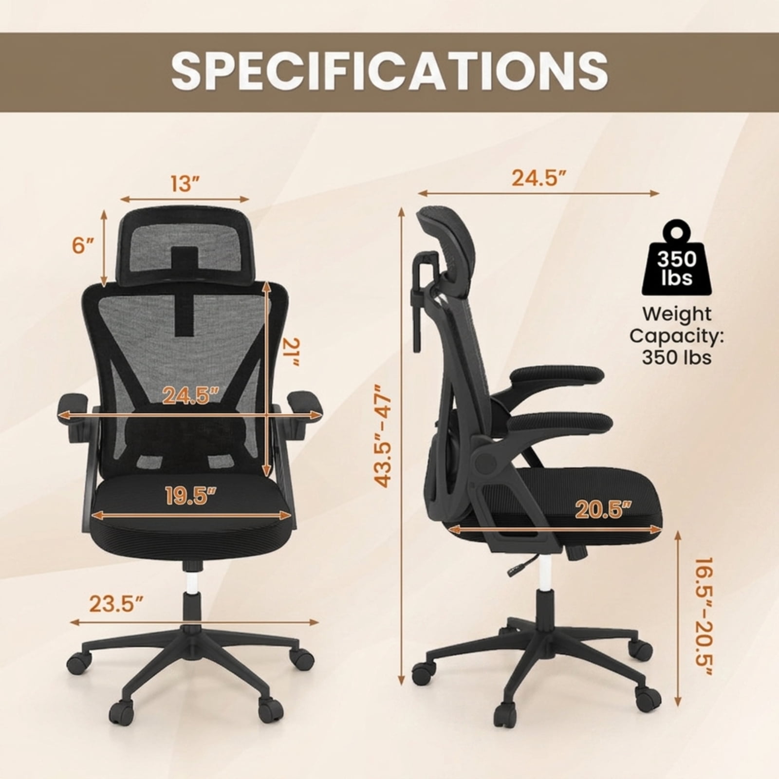 Furnibear Ergonomic Mesh Office Chair High Back Breathable Computer Chair with Adjustable Lumbar Support 2D Headrest and Flip Up Arms, Black