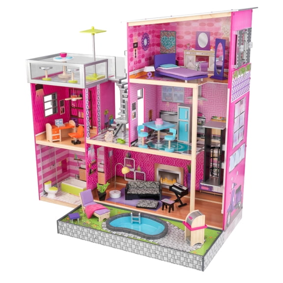 KidKraft Uptown Wooden Modern Dollhouse with Lights & Sounds, Pool and 36 Accessories