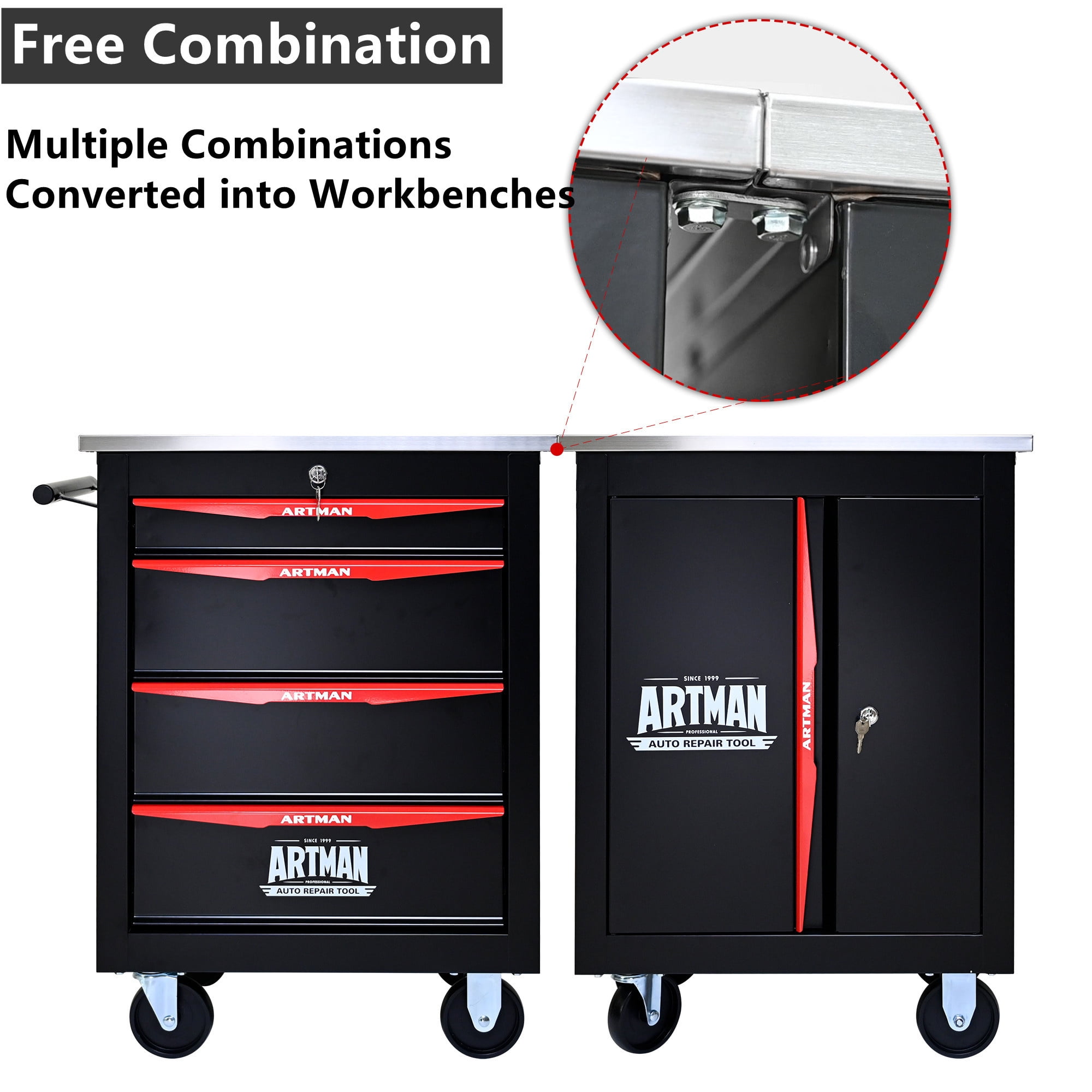 Aukfa Tool Box 4-Drawer Rolling Tool Chest Combination Workbench for Workshop Garage, Black