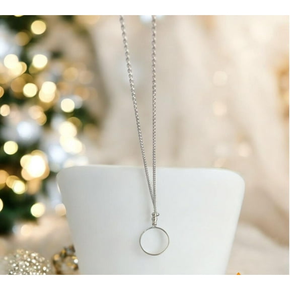 10X Magnifiers Antique Brass Chain Necklace with 40mm Diameter Glass Magnification Lens Pendant Portable Pocket Loupe Monocle for Library (Silver)