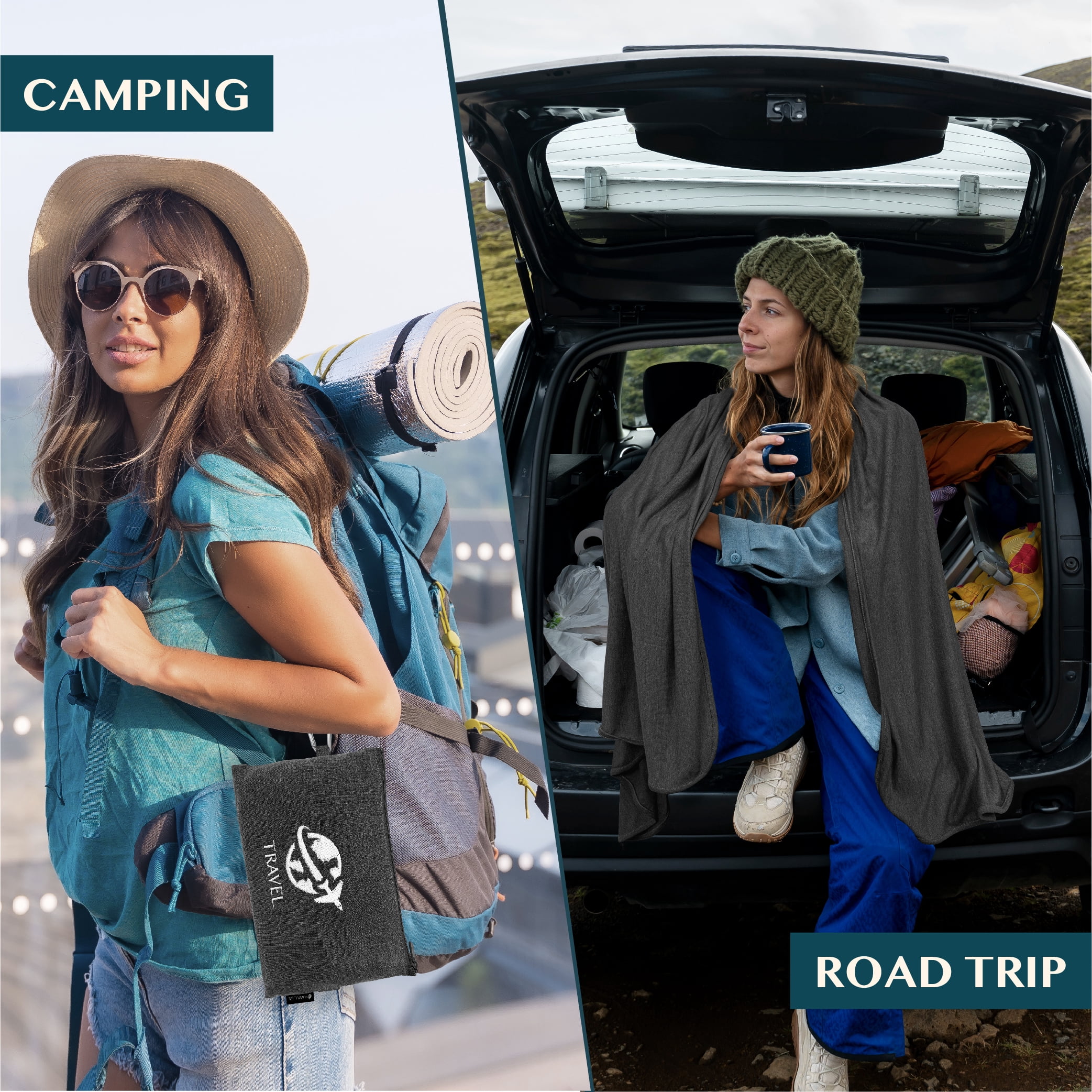 PAVILIA Soft Compact Travel Blanket and Pillow, Foldable Airplane Blanket in Bag, Lightweight Portable Flight Blanket Set with Luggage Strap, Camping Plane Car Home Office Gift Accessories, Black