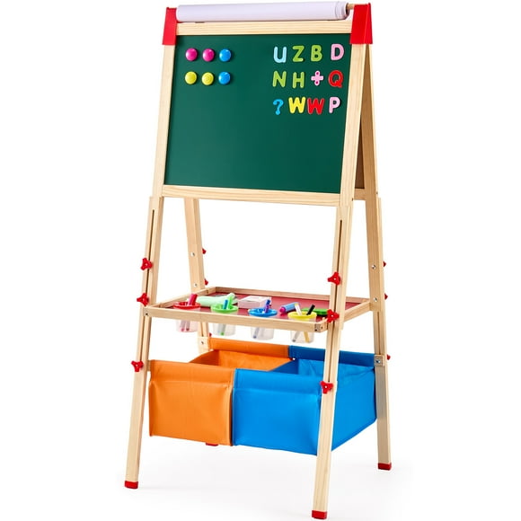 KFFKFF Art Easel for Kids, 3-in-1 Wooden Double-Sided Kid's Art Easel with Magnetic Whiteboard, Chalkboard, Paper Roll
