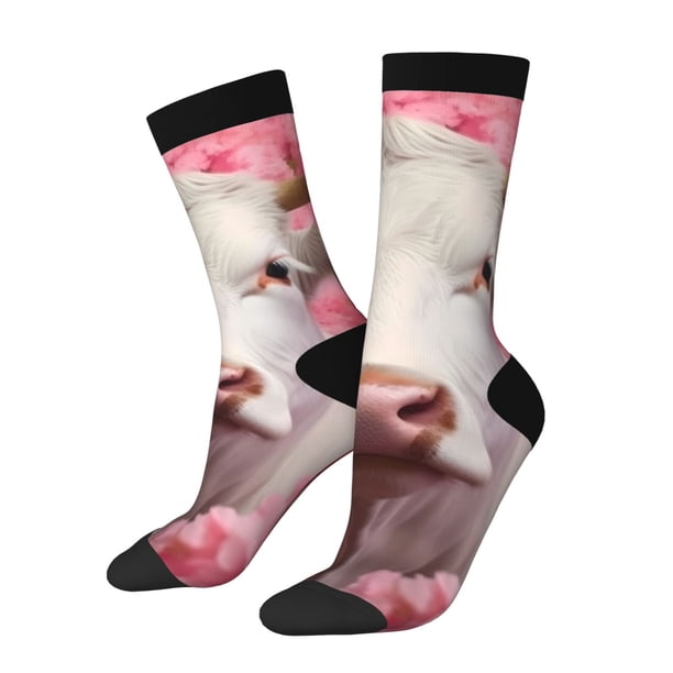 Balery Flower White Cow Calcetas Largas con Estampado para Hombre y Mujer – Suaves y Transpirables, Talla Única (US 5-11)