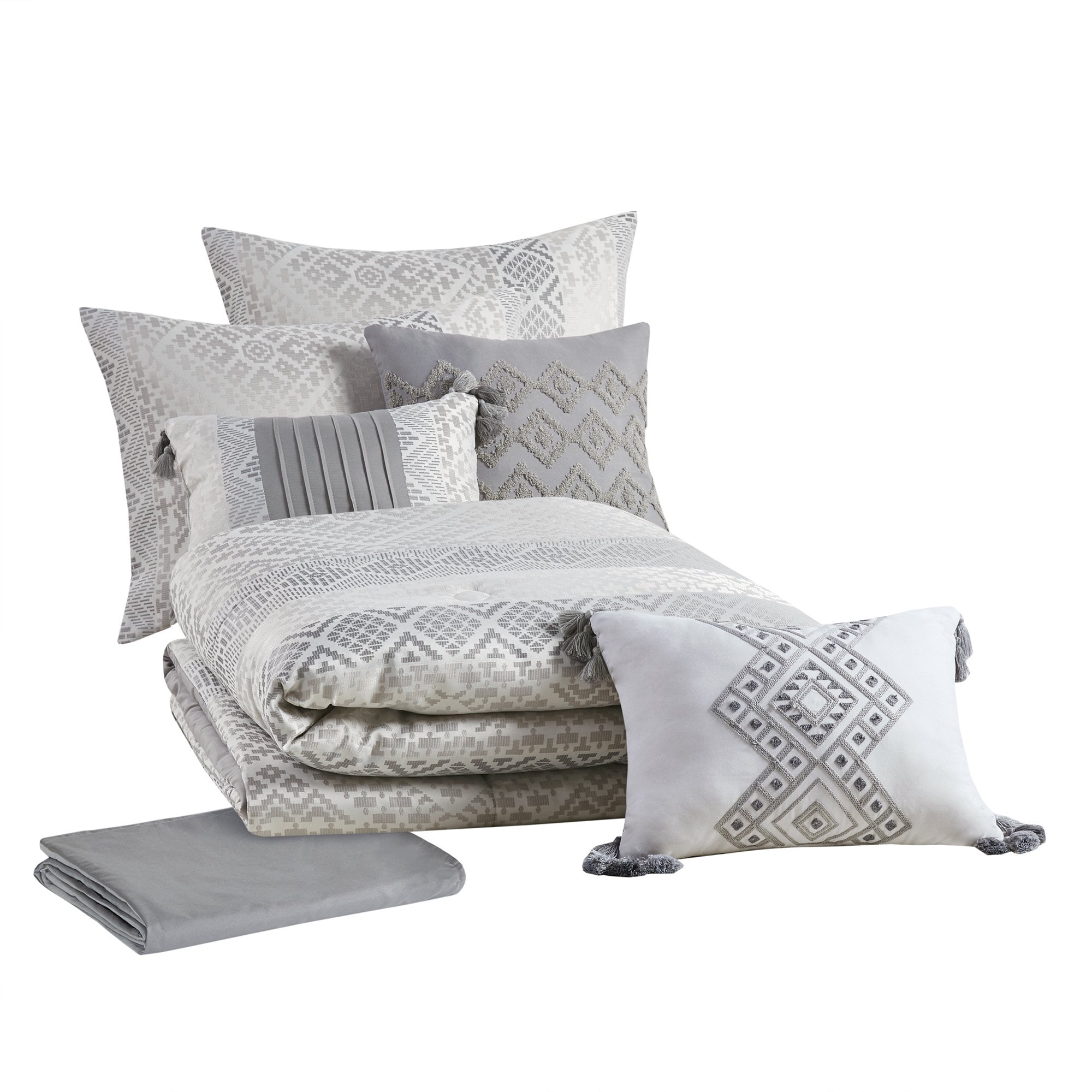 Mainstays 7 Piece Diamond Comforter Set, Shams, Dec Pillows, Bed Skirt, Grey, Full/Queen