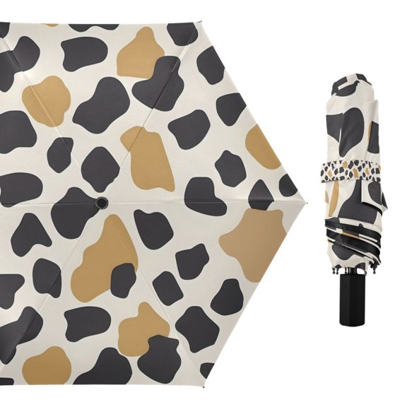 Gold and Black Cow Print Compact Sun Umbrella Windproof Travel Umbrellas for Rain Strong Portable UV Protection