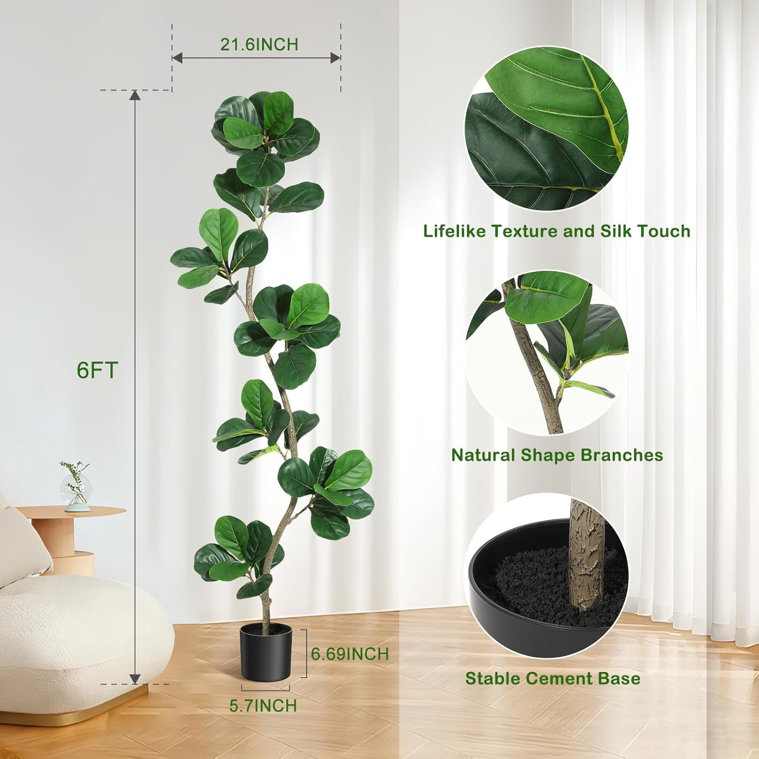 Artificial Fiddle Leaf Fig Tree - Home Fake Plant with Black Planter, Large Floor Plants for Home or Office Decor - Artificial Plants Indoor