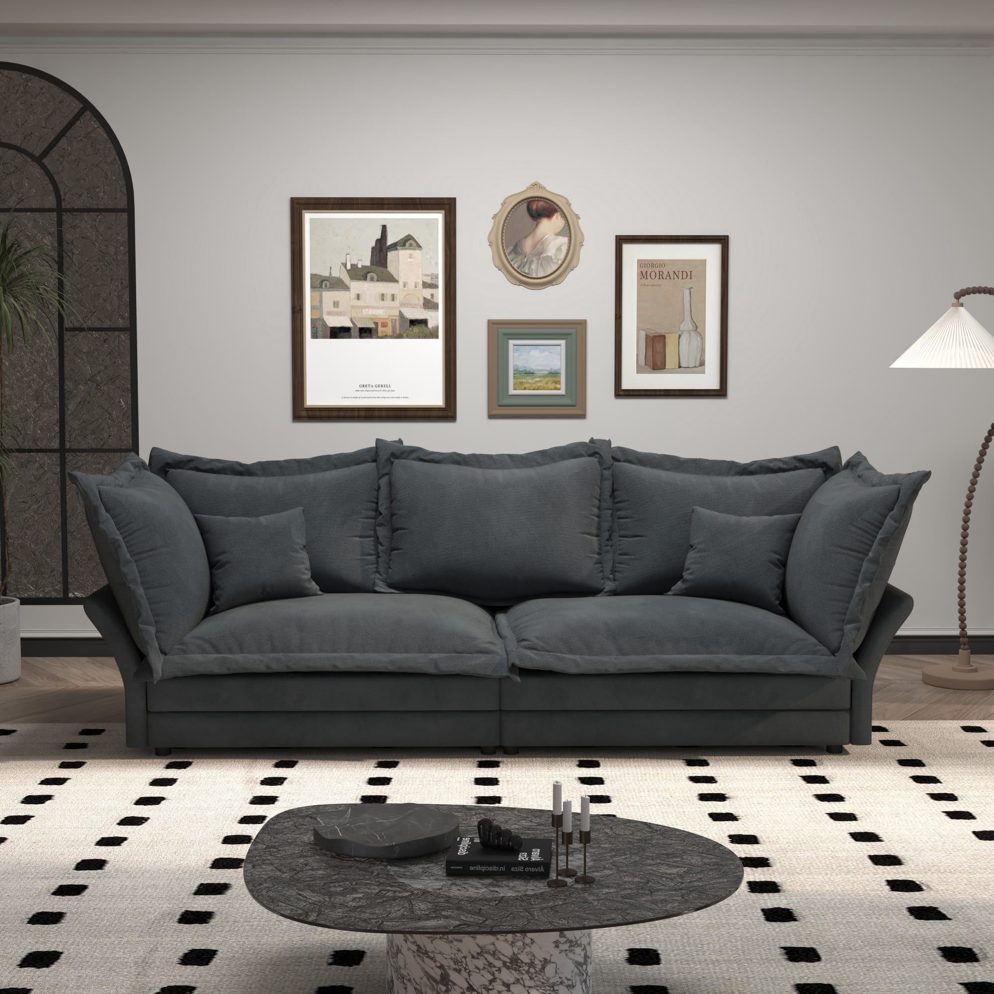 Aukfa 90.55" Overstuffed Sofa Cloud Couch, Convertible Deep Seat Chaise Longue with Large Pillows for Living Room, Gray