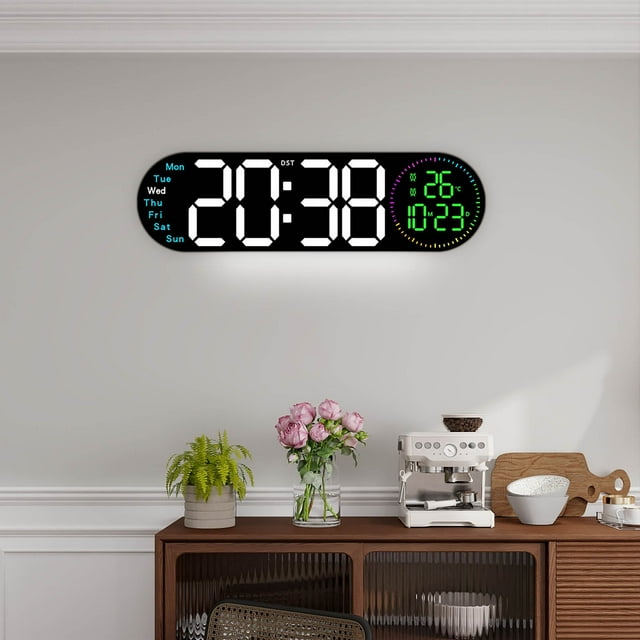 Vwrxbz 17.3 Inch LED Digital Wall Clock Large Display Temperature Humidity Calendar RGB Night Light Remote Control Alarm Clock for Living Room