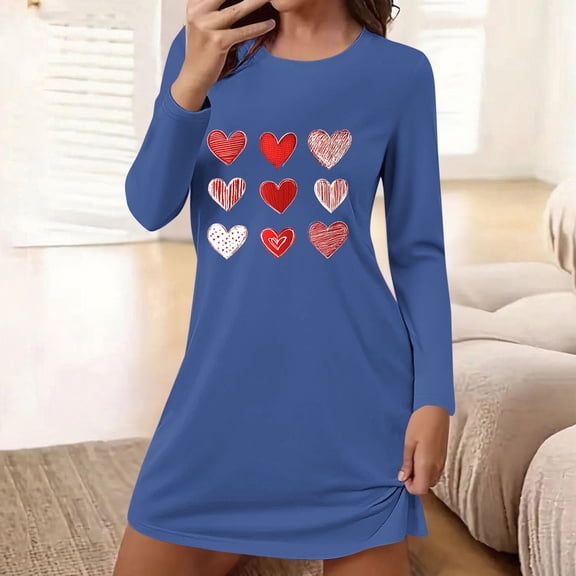 Aobny Valentine's Nightgowns for Women Heart Short Night Shirts Crew Neck Blue Long Sleeve Pajama Set,XXL