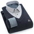 thumbnail image 1 of Suéter de cuello de camisa de manga larga de dos piezas falso acolchado de terciopelo para hombre, suéter casual cálido, otoño e invierno, 1 of 5