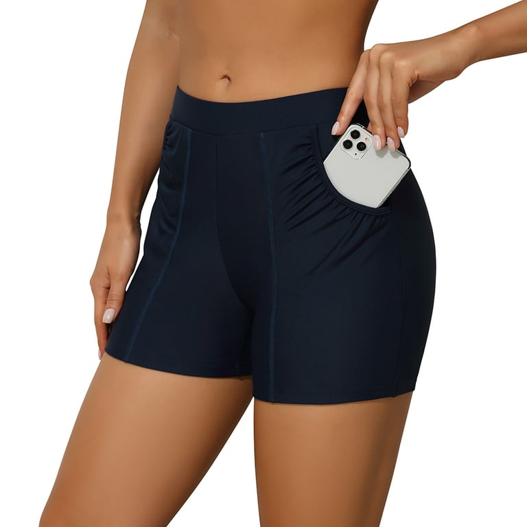 Attraco Women High Waist Swimming Shorts with Pockets Elastic Solid Tankini  Bikini Bottom 