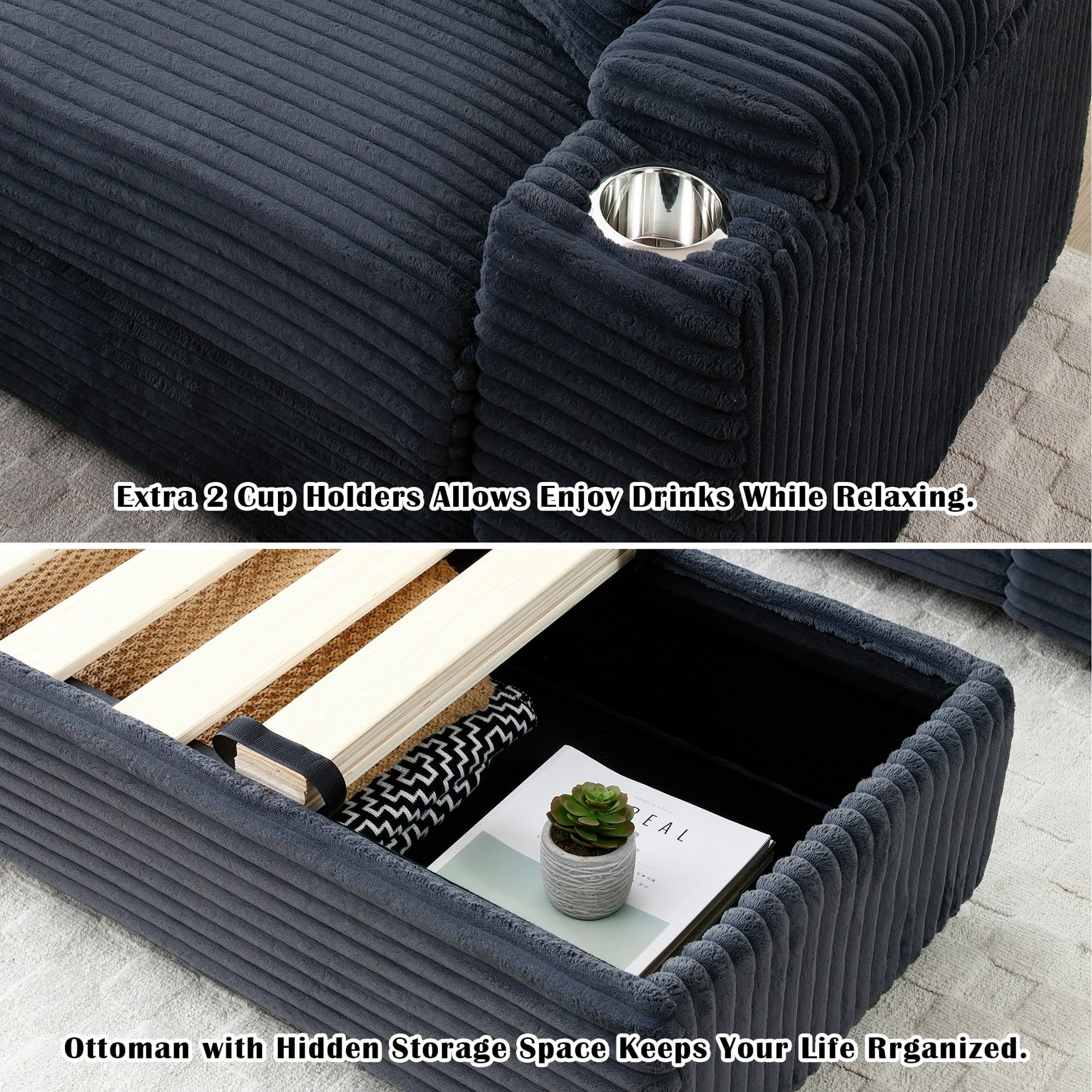 Aukfa Oversized Chaise Lounge Indoor Chair with 2 Cupholders, Storage Ottoman, 3 Pillows, Gray
