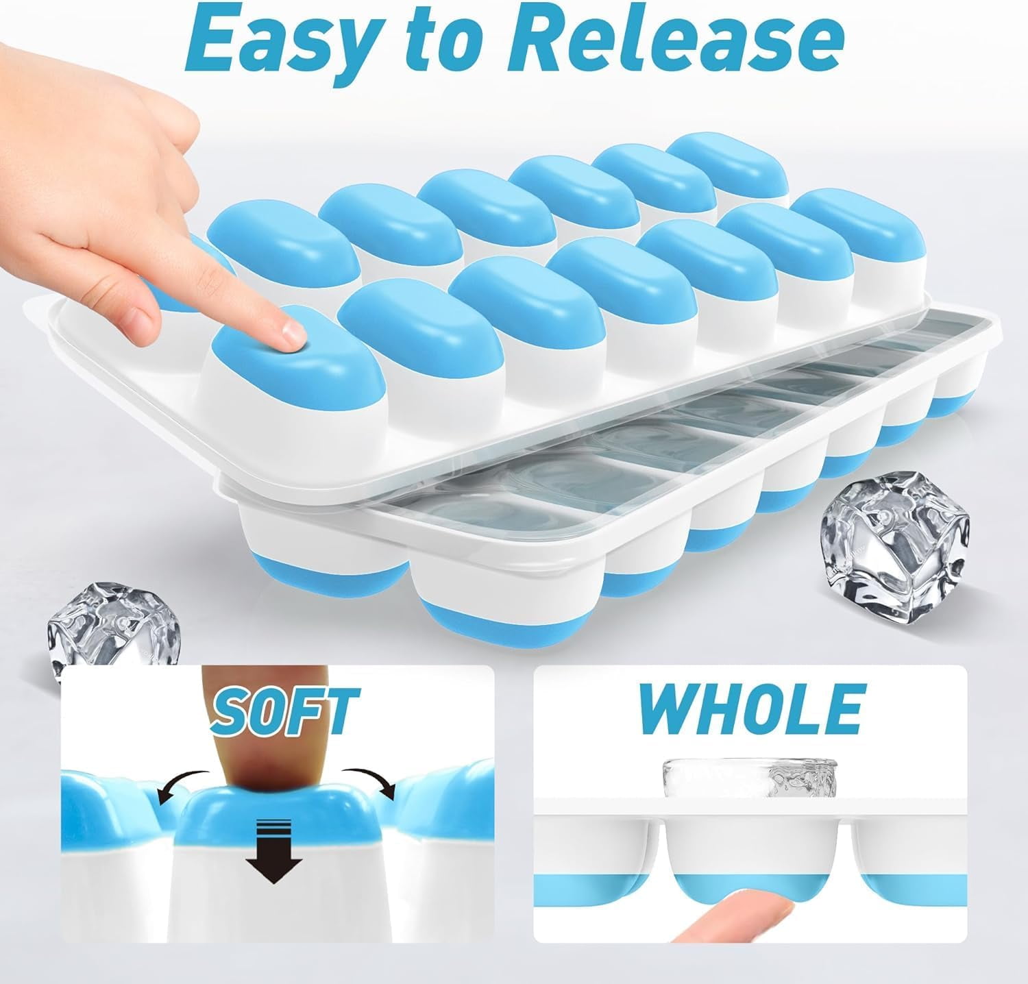Ice Cube Tray with Lid and Bin,4 Packs 56 Cubes Silicone Plastic Ice Cube Trays for Freezer, Stackable Ice Tray with Container, Ice Scoop, Coffee and Cocktails Blue