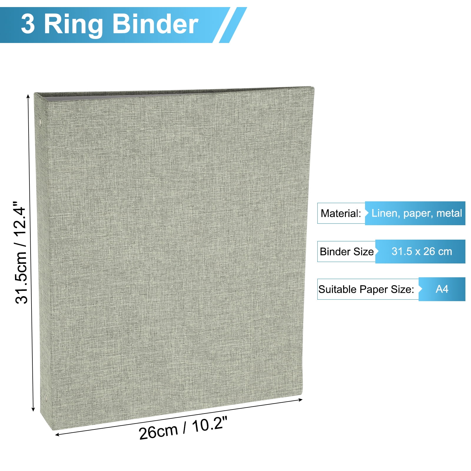 Uxcell 3 Ring Binder, A4 Size Flexible Round Binder Big Capacity Linen Planner Binder for Business Home Classroom, Grey