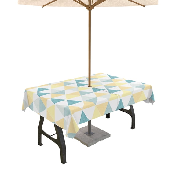 Fsddascl Teal Yellow Geometric Outdoor Tablecloth - 60x84 Inch Rectangle Dining Table Cover, Modern Triangle Abstract Art Waterproof Outdoor Table Cloth with Umbrella Hole & Zipper for Picnic/Patio