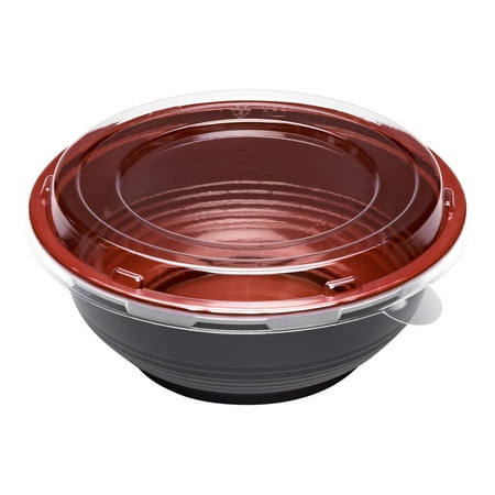 Tamper Tek 24 oz Round Black and Red Plastic Medium Asian Panda Bowl - with Clear Lid, Microwavable - 6 1/2" x 6 1/2" x 2 1/2" - 200 count box