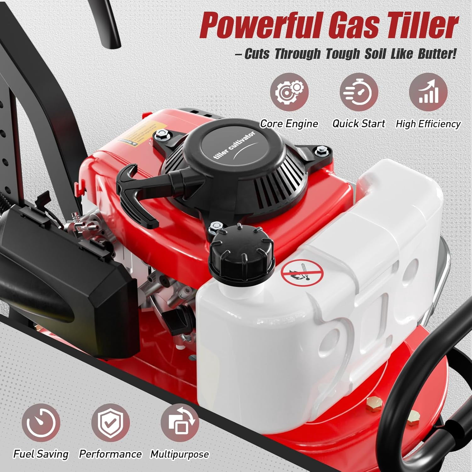 EAYSG 4 Stroke Gas Tiller Cultivator, 1.5KW 7500RPM Heavy Duty Rototiller, 6-Position Adjustable Height, 20" Working Width, 10" Tilling Depth, Gasoline Powered for Lawn Yard Soil Cultivation
