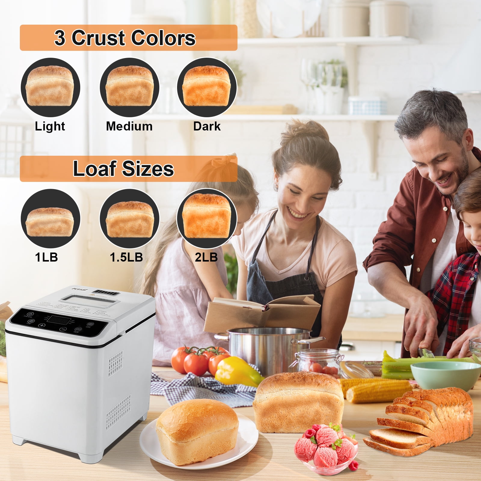 KBS  Bread Maker Machine with Ice cream program,20-in-1 2LB Fully automatic bread machine，DIY setting,15 Hour delay timer,White Model#070 Ice cream version