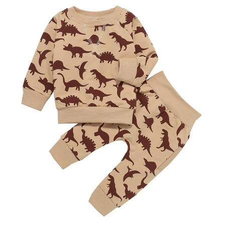 

StylesILove Baby Boys Autumn Winter Beige Crewneck Dinosaur Print Long Sleeve Sweatshirt and Pants 2pcs Cotton Outfit (90/12-18 Months)