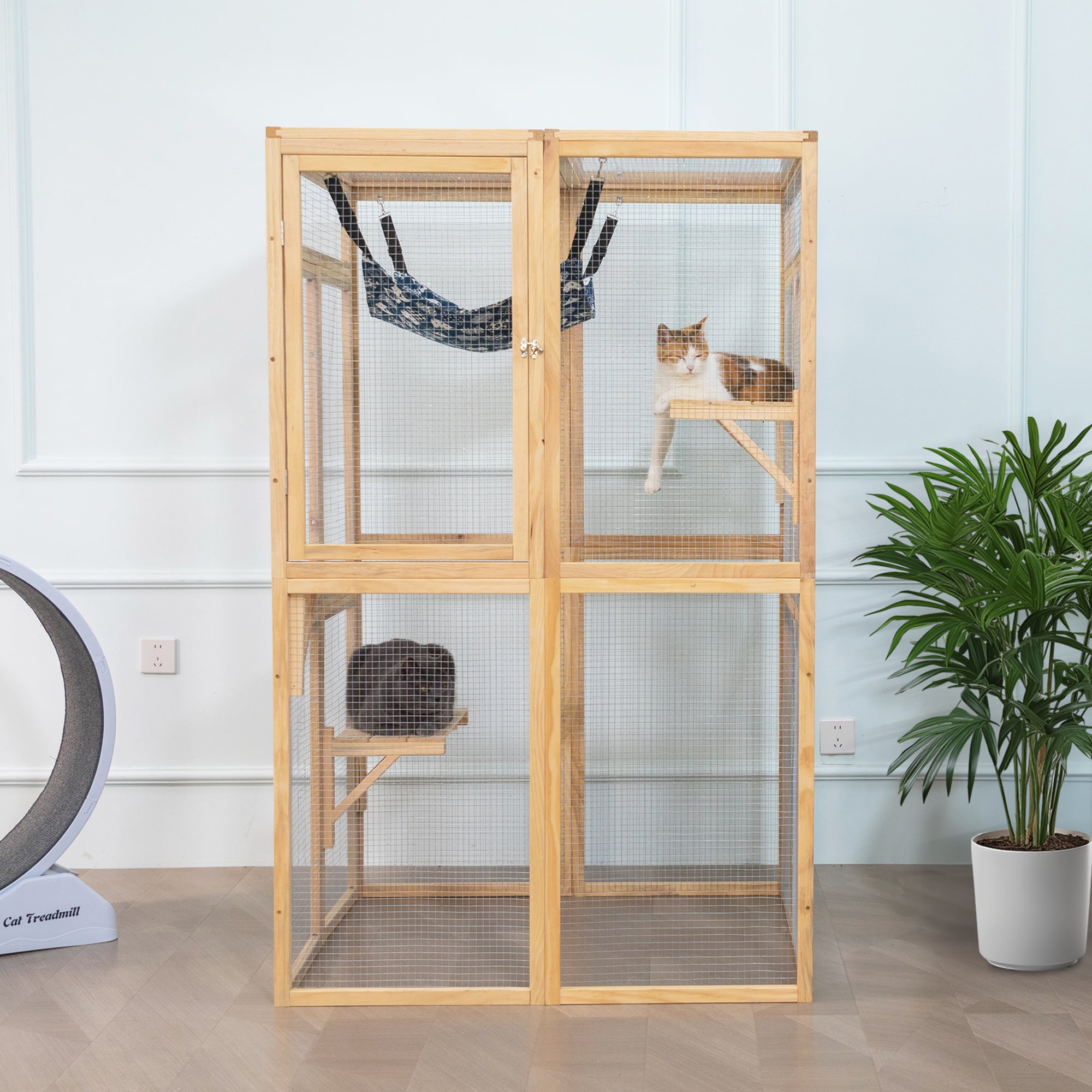 Pefilos 64" Cat House Outdoor Catio Cat Enclosures Wooden Kitty House with Platforms, Waterproof Roof, Hammock, Beige Pefilos 64" Cat House Outdoor Catio Cat Enclosures Wooden Kitty House with Platforms, Waterproof Roof, Hammock, Beige