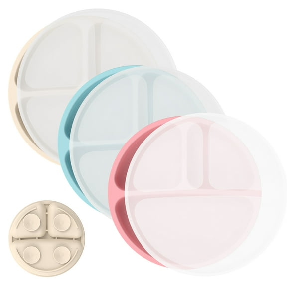 Evjurcn Toddler Tableware Plates, Silicone Gray Blue Dusty Pink Beige, 210 lb, 3 Pieces