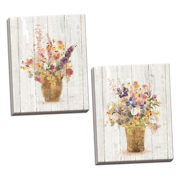 Gango Home Decor Contemporary Wild Flowers in Vase I & II on Barn Board by Cheri Blum (Ready to Hang); Two 16x20in Hand-Stretched Canvases
