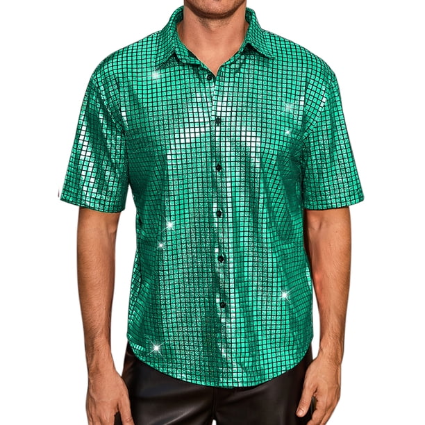 Camisas INSPIRE CHIC para hombres, de manga corta, con botones, para discotecas, fiestas y promociones, camisa brillante de disco de los 70, 2XL verde