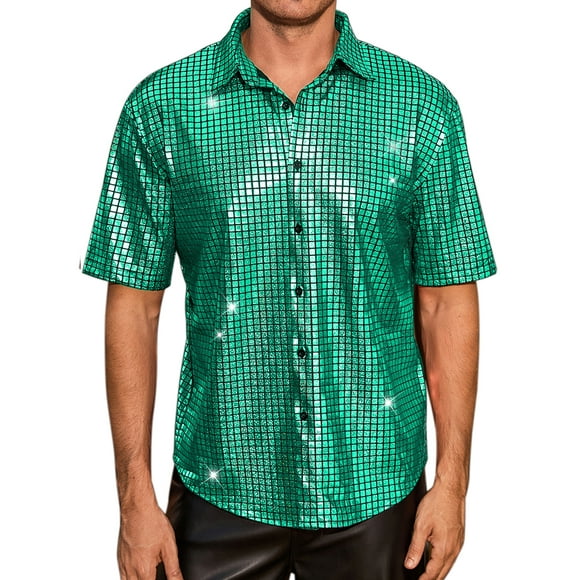 Camisas INSPIRE CHIC para hombres, de manga corta, con botones, para discotecas, fiestas y promociones, camisa brillante de disco de los 70, XL verde