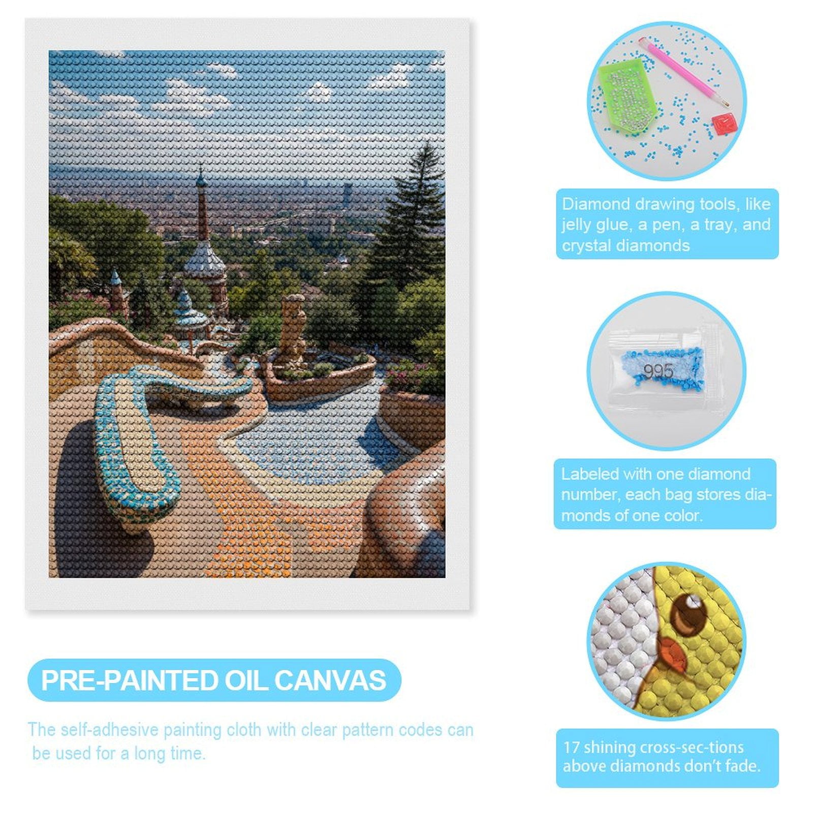 Diamond Art Kits for Adults, Colorful Mosaic Park Terrace View 5D Diamond Painting Kits for Adults Beginners, DIY Full Drill Diamond Painting, Gem Art and Crafts 12x16