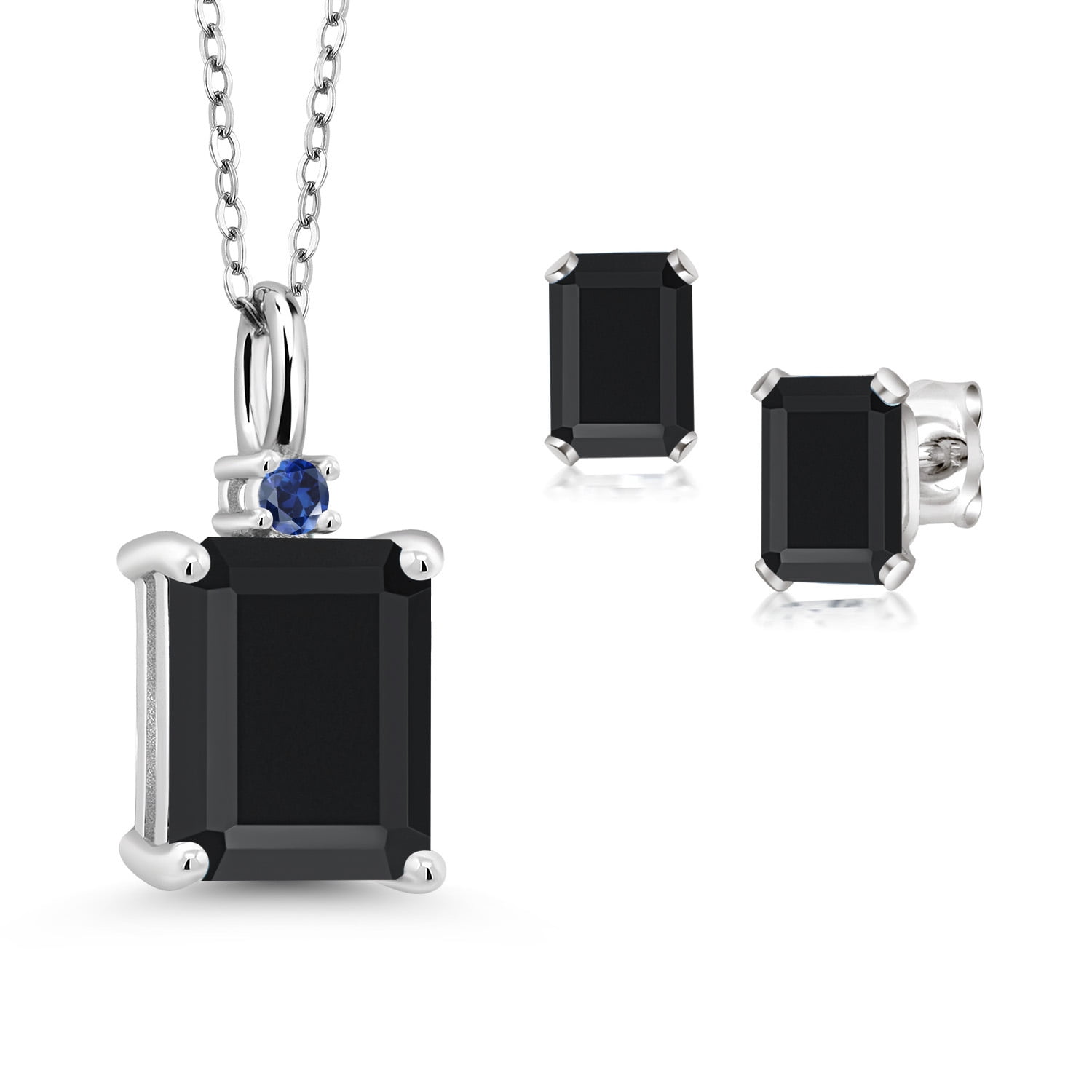 925 Sterling Silver Black Onyx and Blue Created Sapphire Pendant and Earrings Jewelry Set for Women (4.30 Cttw, Gemstone December Birthstone, Emerald Cut 10X8MM and 6X4MM, with 18 inch Chain)