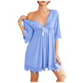 thumbnail image 2 of Nightgowns for Women Elbow Sleeve Lace V Neck Bow Center Ruffle Flowy Silky Pajama Dress Sleepwear, 2 of 4