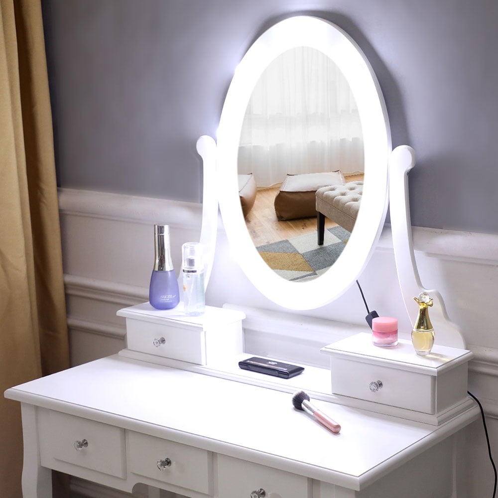 Lowestbest Dressing Table Vanity with Stool, White Dressing Vanity Table Desk for Bedroom, Bathroom, Makeup Vanity Table with Light Bulb, 360-degree Rotating Mirror, 2 Storage Boxes, 3 Drawers Lowestbest Dressing Table Vanity with Stool, White Dressing Vanity Table Desk for Bedroom, Bathroom, Makeup Vanity Table with Light Bulb, 360-degree Rotating Mirror, 2 Storage Boxes, 3 Drawers